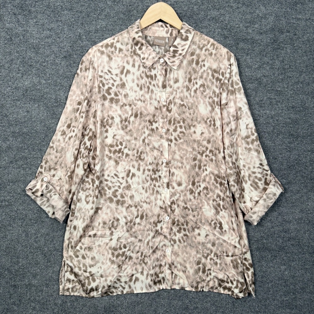 Chico's Size 3 US XL Shirt Cream Gray Animal Print Lightweight Roll Tab Sleeves‎